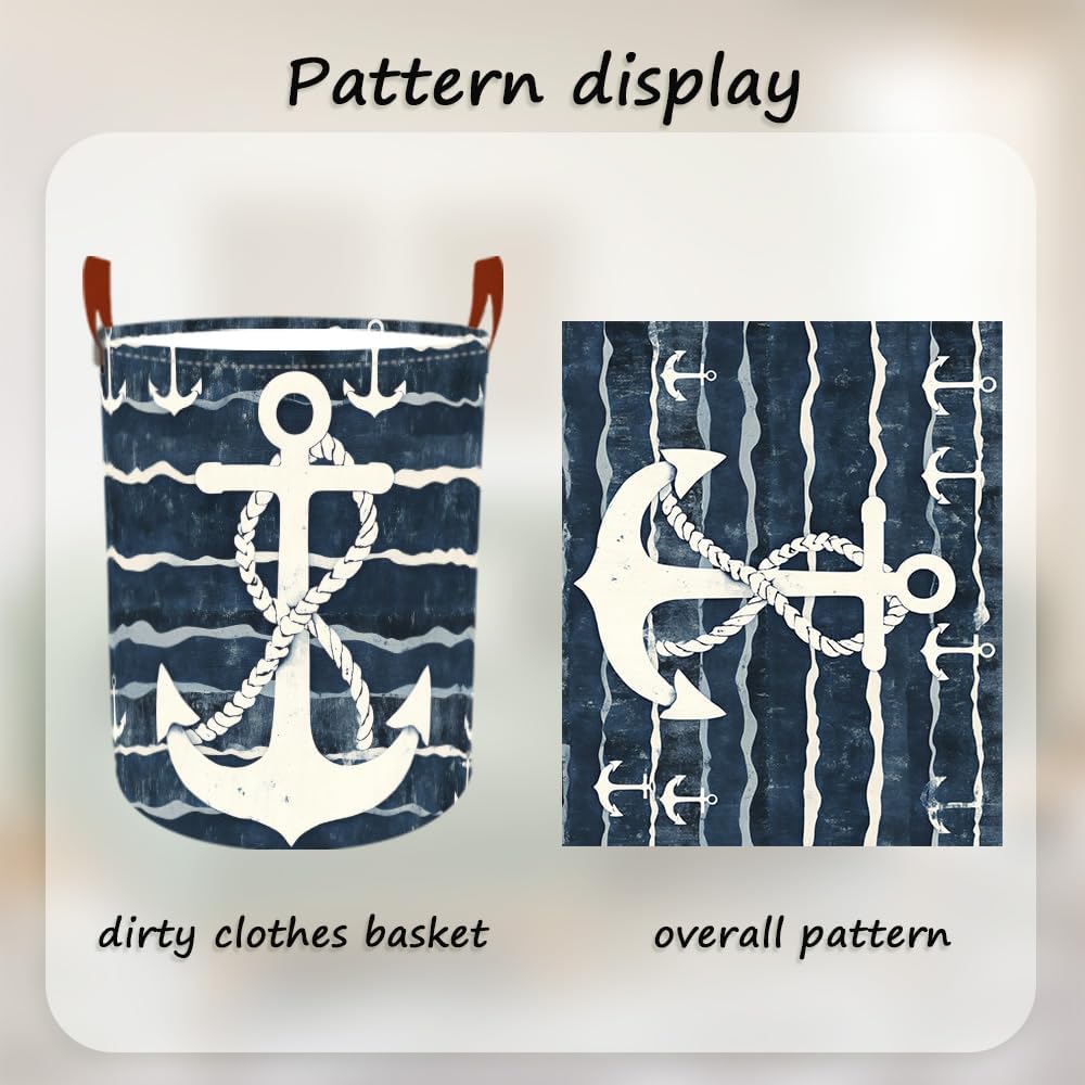 Laundry Baskets 15.7x19.7 Inch Large Nautical Anchor Design Collapsible Laundry Hamper with Handles Oxford Fabric Clothes Storage Bin Foldable Dirty Clothes Organizer for Bedroom Bathroom Dorm