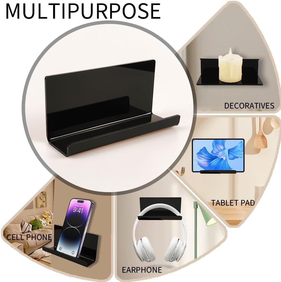 2pcs Adhesive Tablet Wall Mounted Phone Shelf Acrylic Stick On Shelves,Bedroom Wall Mount Floating Shelves for Tablet,eReader,Cell Phone Holder for Bathroom,Dorm Bedside Shelf(Black)