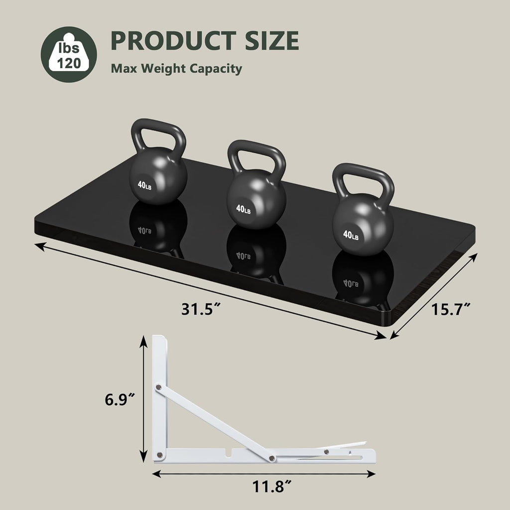Clikuutory Wall Mounted High Gloss Folding Table, Wall Desk Fold Down for Small Spaces, Folding Workbench for Laundry Room, Home Office, Kitchen, Bedroom, Home Bar, Black(31.5"×15.7")
