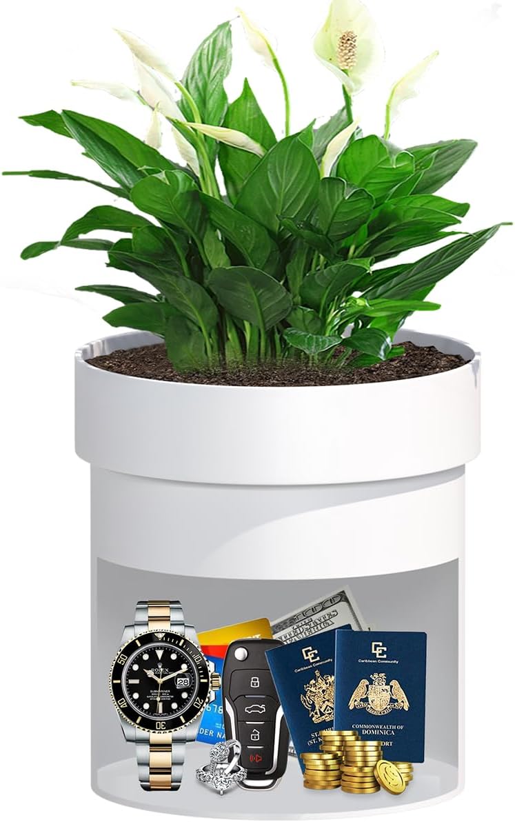 Sdstone Fireresistant Waterproof Flower Pot Diversion Safe with Key Lock,Stainless Steel Secret Hidden Safe,Perfect for Hiding The Valuables Inside Flower Pot False Bottom(White)