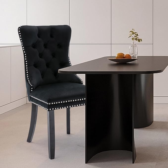 Velvet Upholstered Dining Chairs Set of 4, Modern Style Kitchen Side Chairs with Nailhead Trim and Wood Legs,Metal Pulling Ring for Dining Room Living Room(Black,Set of 4)