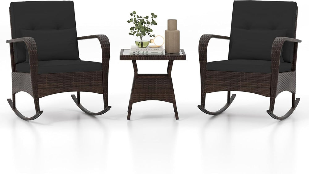 Tangkula 3 Pieces Rocking Bistro Set, Patiojoy Outdoor PE Rattan Rocker Chair...