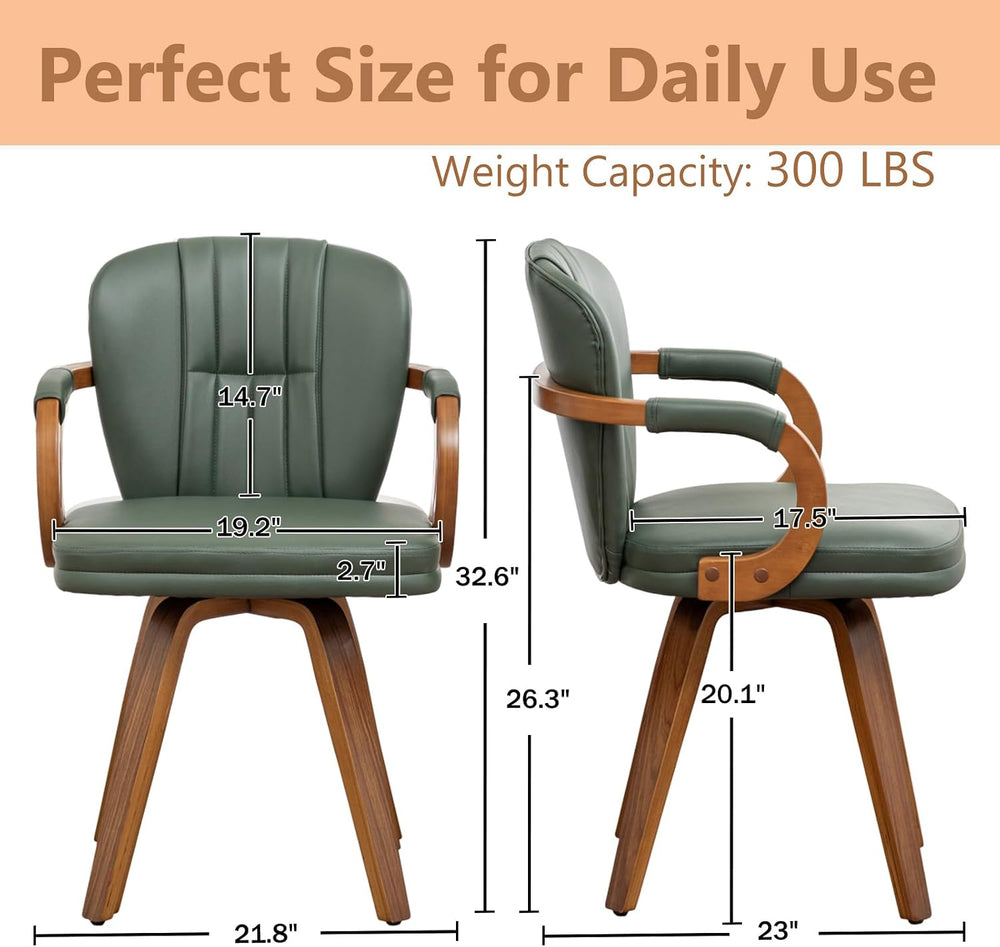 Swivel Dining Chairs Mid Century Modern Green Faux Leather Upholstered Kitche...