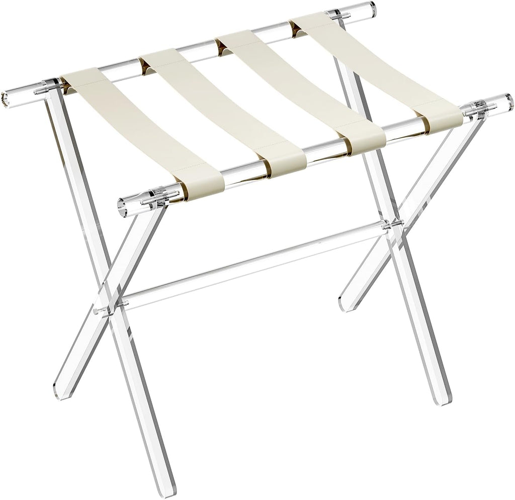 Sumerflos Acrylic Luggage Rack for Guest Room - Foldable Suitcase Stand with Leather Straps for Bedroom Living Room Hotel Heavy-Duty, Holds up to 50-100 lb lightweight Space Saving, Beige, 1 Pack