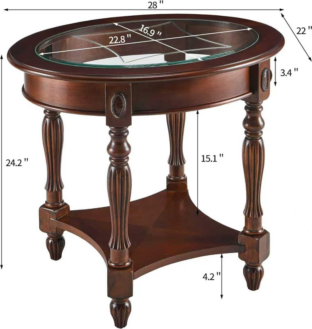Vintage Solid Wood Oval End Table with Tempered Glass Top, 28"x24" ...
