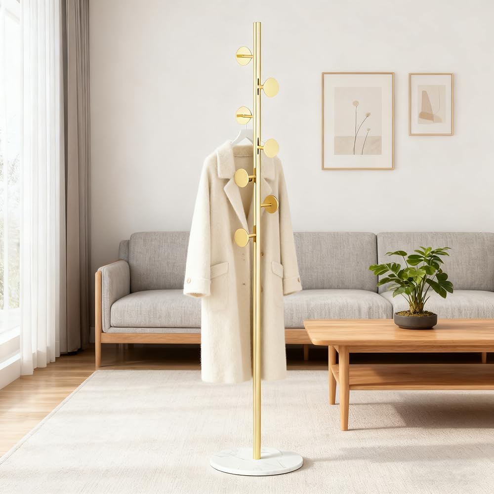 Coat Rack Freestanding with Marble Rock Slab Base, Heavy Duty Sturdy Stable Metal Tree Clothes Racks with 7 Staggered Round Hooks, Coat Hanger for Clothing Hats Bags Purses, for Room Entryway Bedroom