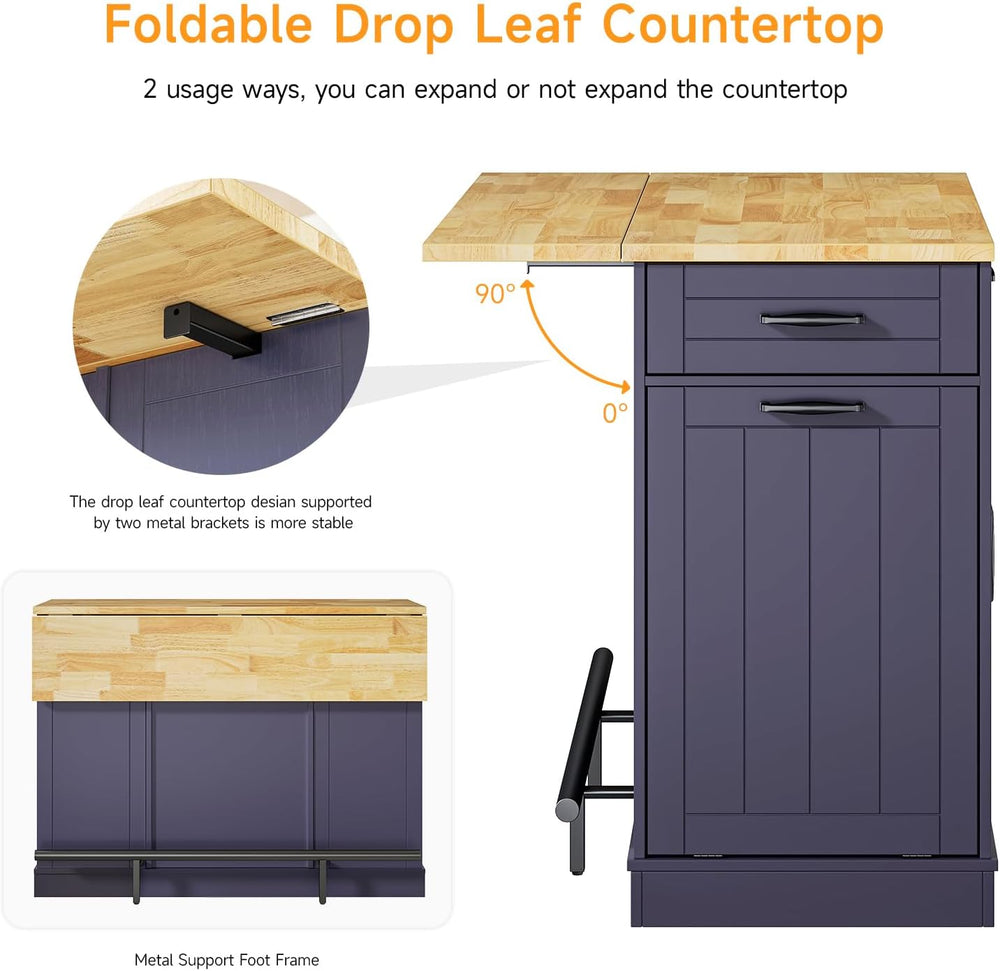 ONBRILL 47" Kitchen Island with Trash Can Storage, Include 2 Chairs, Blu...