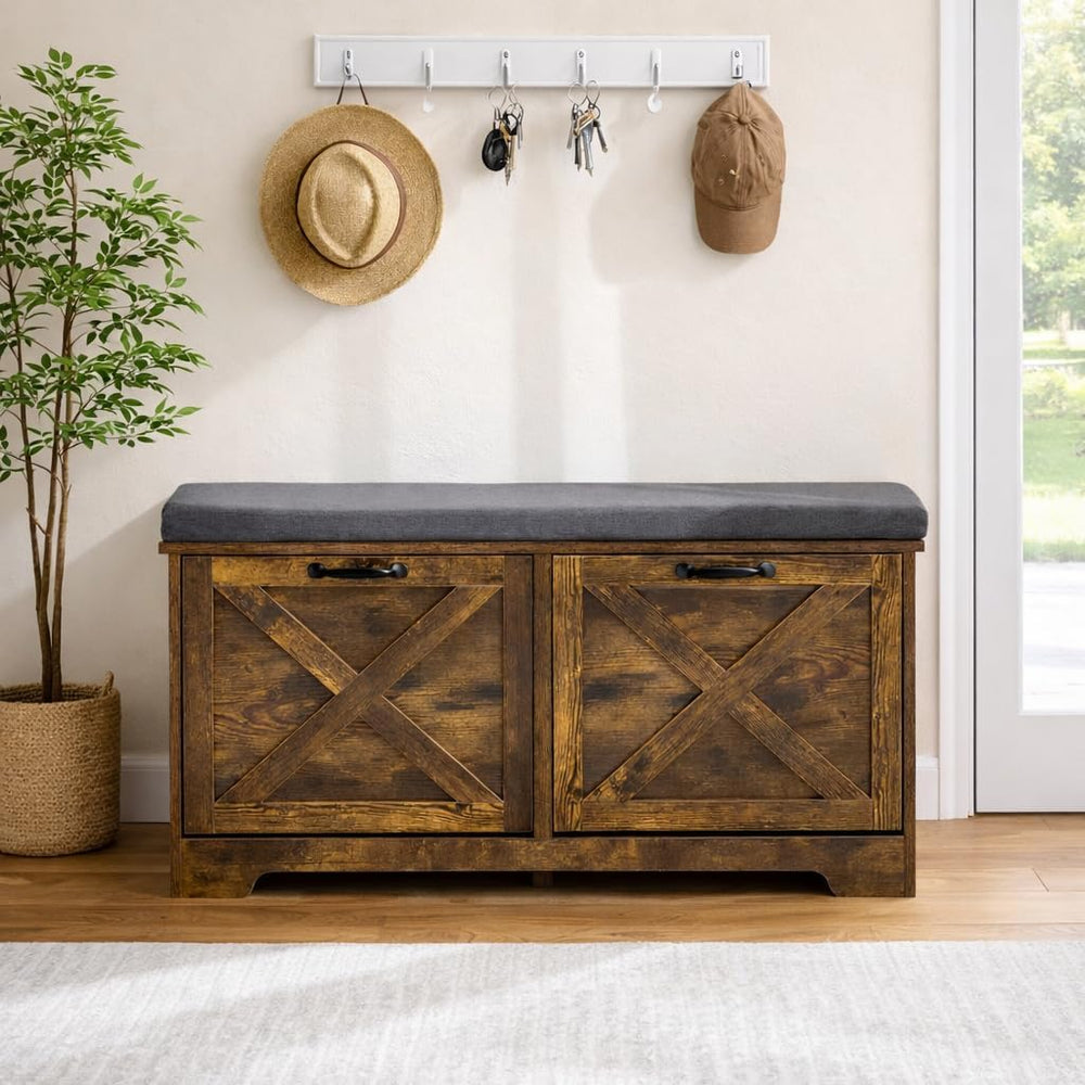 Brown Shoe Storage Bench with 2 Flip Drawers, Entryway Bench with Removable S...