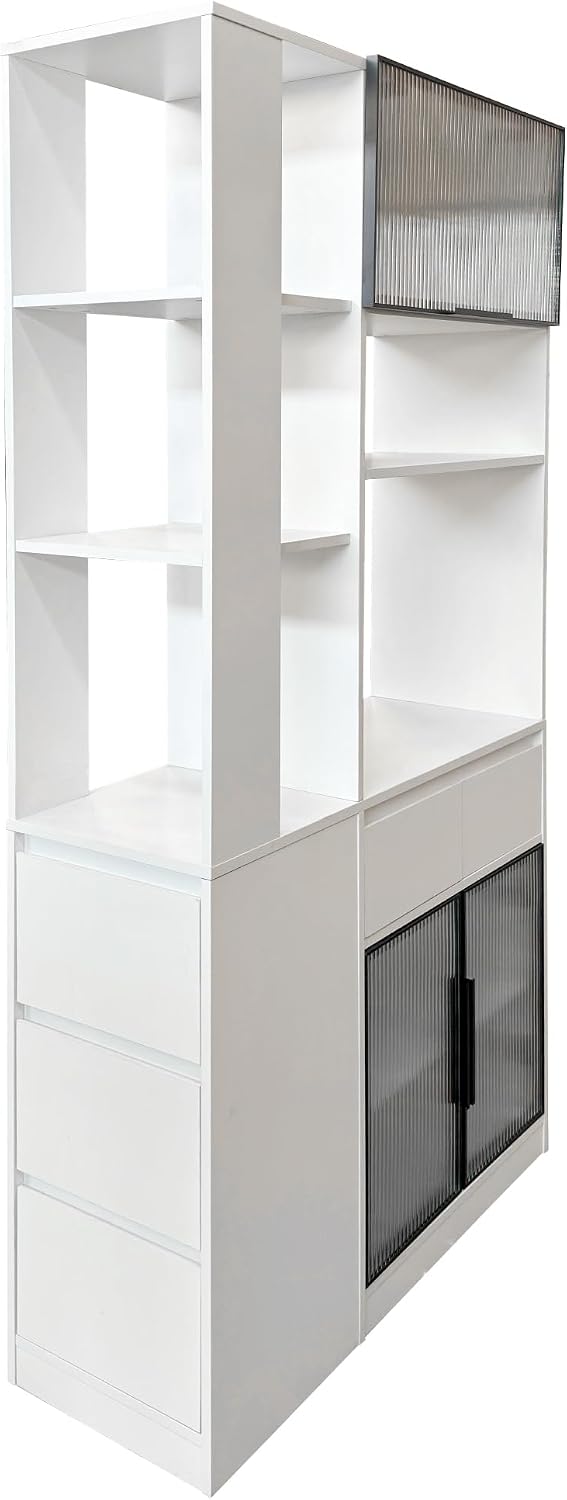 Modern 70.87" Tall Storage Cabinet with 5 Drawers, Glass Doors and Displ...