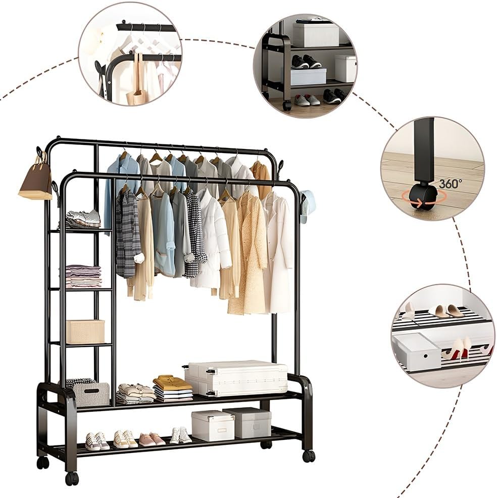 Double Rail Wardrobe nizer - 2-Tier Stora Shelf with 4 Hoo & Wheels - Ver...