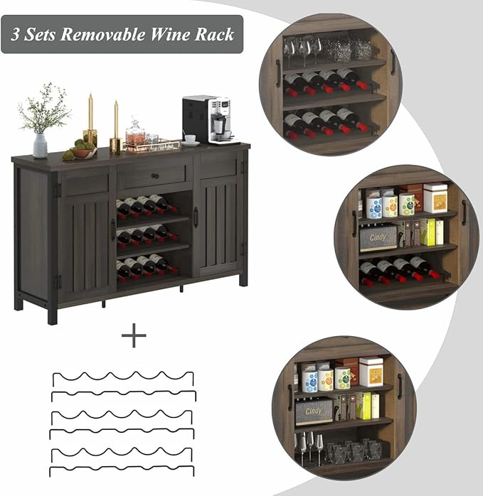 FATORRI Industrial Coffee Bar Cabinet with Drawer and Wine Rack, Sideboard Buffet Storage Cabinet with Door, Farmhouse Credenza Cupboard for Kitchen (Walnut Brown)