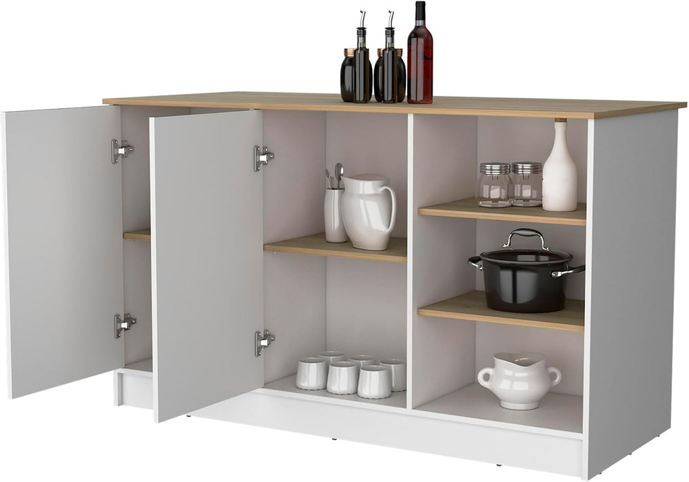 Melamine Kitchen Island with Two Doors and Three Open Shelves | Two doors wit...