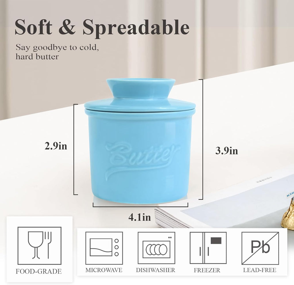 Butter Crock for Counter with Water, French Butter Keeper for Spreadable Butter Ceramic Butter Dish with Lid for Countertop, Butter Container Holder, Home Kitchen Decor (Blue, M)