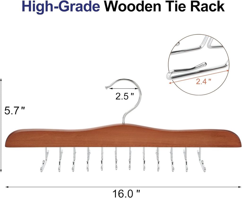 TOPIA HANGER Tie Rack Hanger for Closet 2 Packs, Wooden Tie Organizer for Men with 24 Folding Hooks, Space Saving Necktie Holder for Storage and Display Bra, Tank Top, Camisole (Walnut)-CT14WA-2