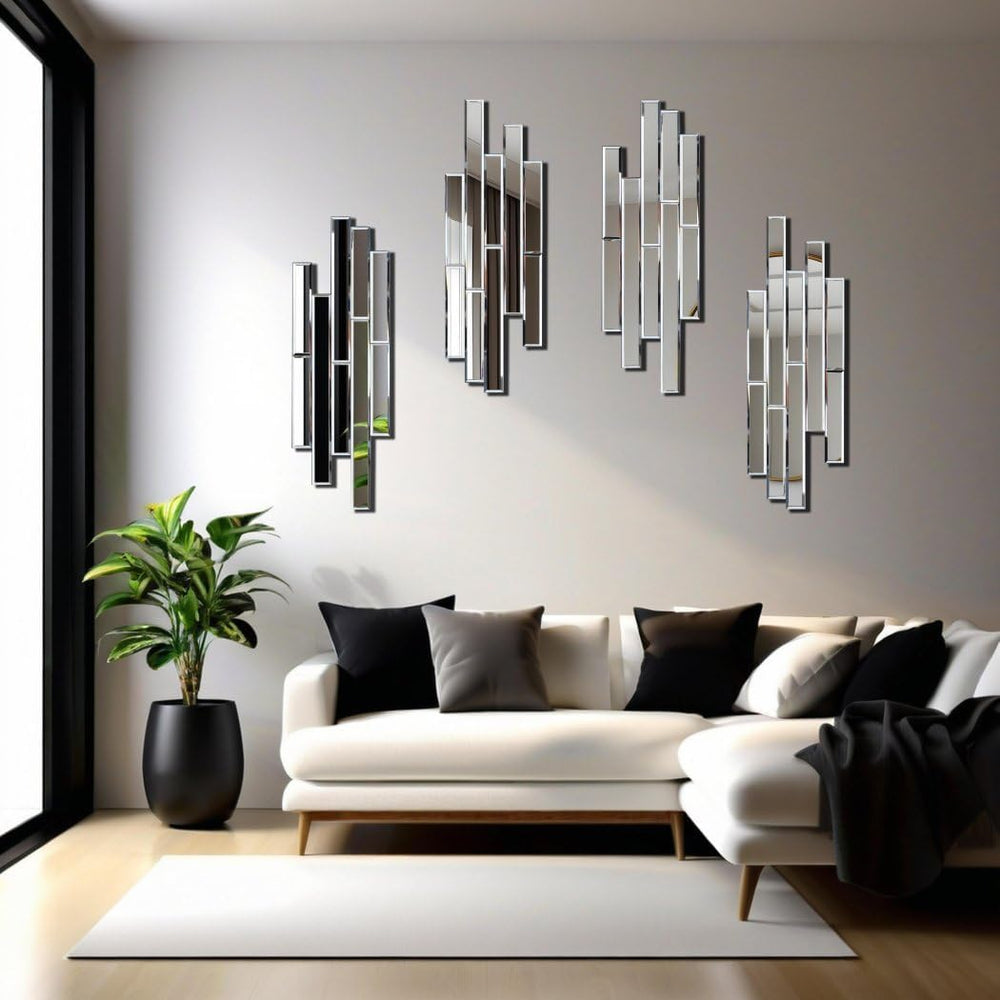 Artisan Set of 4 Silver Beveled Wall Decor Mirrors - 24x8 Inch Each, Creative...