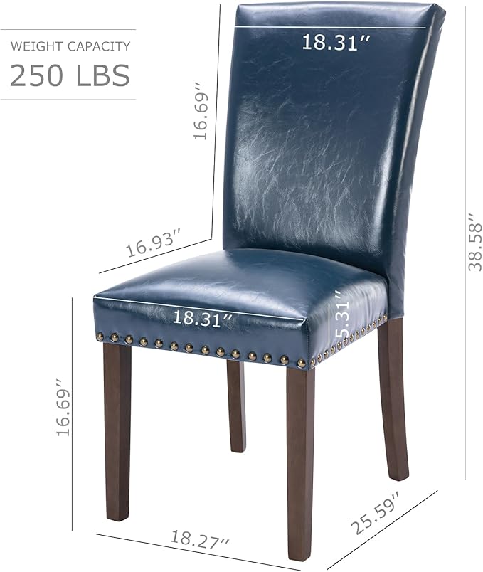 COLAMY Upholstered Parsons Dining Chairs Set of 6, PU Leather Dining Room Kitchen Side Chair with Nailhead Trim and Wood Legs - Blue