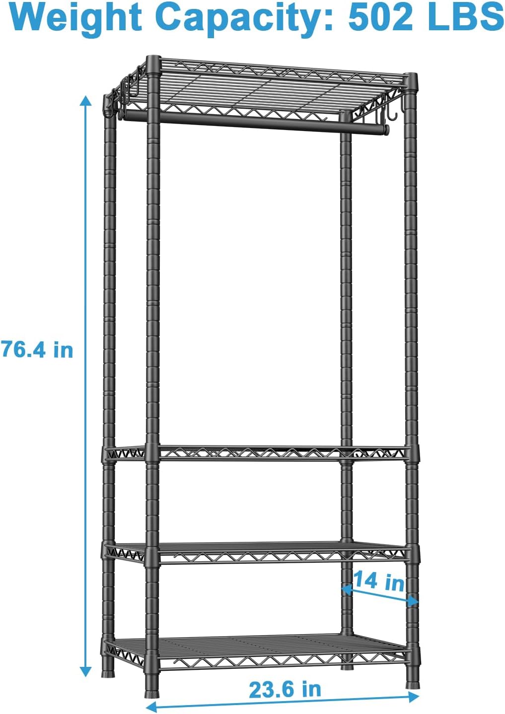 Ulif H4 Mini Portable Closet, 4 Tiers Freestanding Clothing Garment Rack for Small Space, Metal Clothes Wardrobe System for Bedroom, 23.6" W x 14" D x 76.4" H, Load 502 lbs, Black