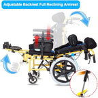 Kids Lightweight Folding Reclining Wheelchair with Adjustable Headrest - Full Lying Ergonomic Design Child Wheelchair, Armrest Height Adjustment, Sitting Position Control - Cerebral Palsy Wheelchair