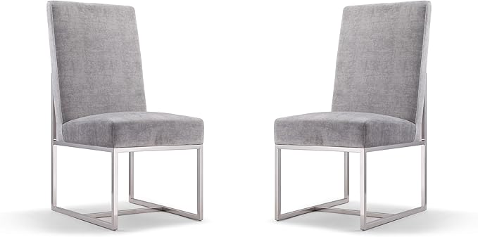 Manhattan Comfort Element Modern Velvet Dining Chairs, High Density Foam, Chrome Finish Stainless Steel Frame, High-Back, Fully Assembled Industrial Chic Accent Furniture, Set of 1, Grey