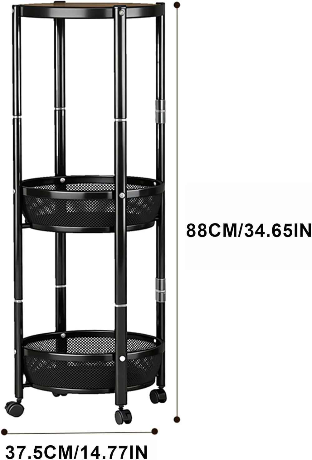 SYO 3-Tier Round Rolling Storage Cart, Foldable Metal Mesh Basket Shelving Un...