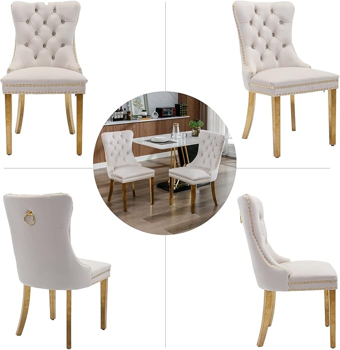 Beige Velvet Dining Room Chairs Set of 2, Upholstered Dining Chairs with Back Ring Pull Trim and Golden Stainless Steel Legs,Modern Kitchen Chairs for Dining Room,Living Room,Kitchen(Beige)
