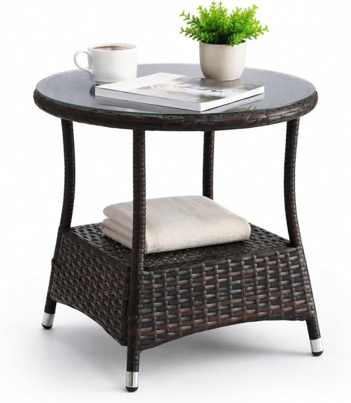 IRONORA Outdoor Wicker Coffee Table Dark Brown Patio Round Side Tables for Outside, Tempered Glass Top Wicker Table with Storage Shelf, End Table for Balcony Porch Deck
