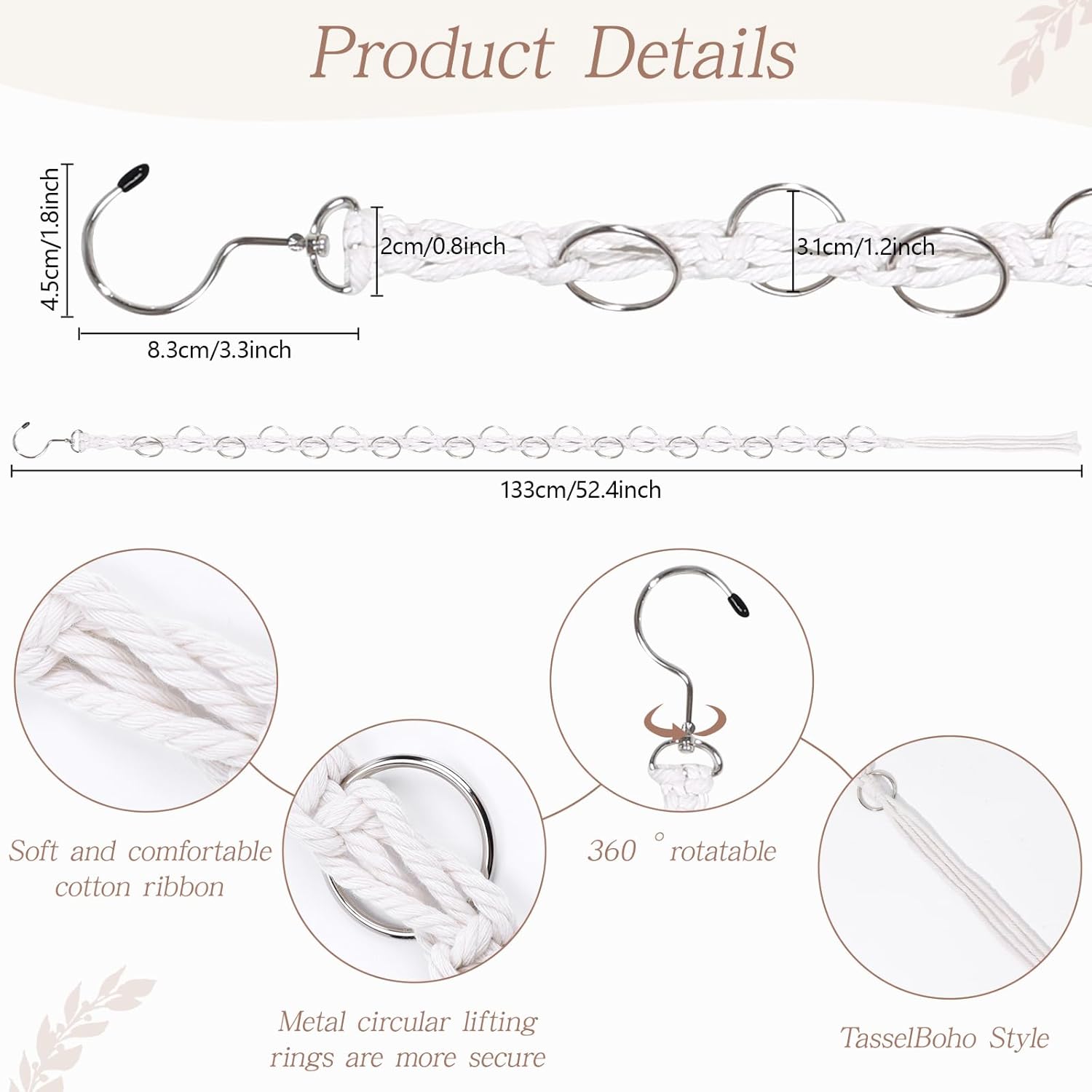 SNOWSTAR Macrame Hair Claw Clip Organizer with Rotating Hook and 20 Metal Rings,Hanging Hair Clip Holder and Storage for Women Girls,Claw Clips Hanger Home Decor for Wall,Door,Closet