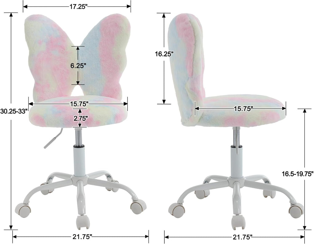 Kmax Kids Desk Chair, Faux Fur Butterfly Chair with Wheels Adjustable Cute Swivel Kids Office Chair for Bedroom Reading Room - Colorful