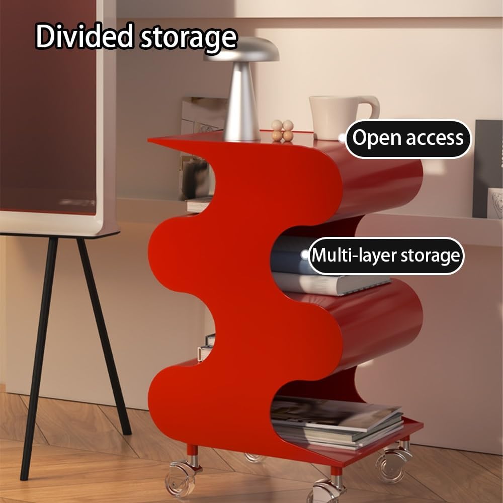S-Shaped ABS Plastic Side Table, Movable Bedside Table with Wheels, Minimalis...