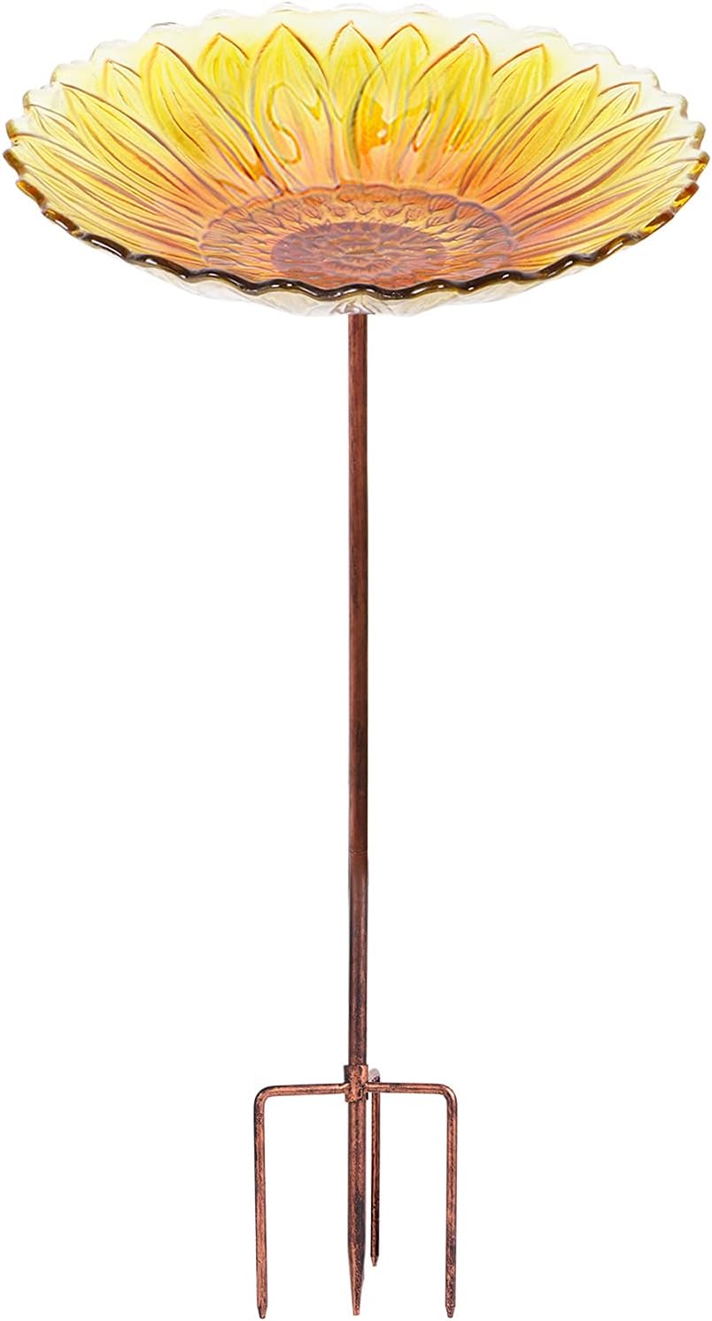 MUMTOP Glass Bird Bath, Garden Outdoor Birdfeeder with Metal Stake, Yellow