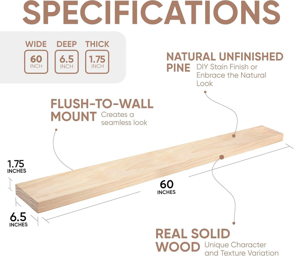 Homeforia 60 inch Wood Floating Shelf, High End Solid Natural Long Wood Shelf for Wall 60 inches, Unfinished Wooden 60inch Large Floating Shelves, Heavy Duty Bracket, 60 X 6.5 X 1.75 in, Set of 3