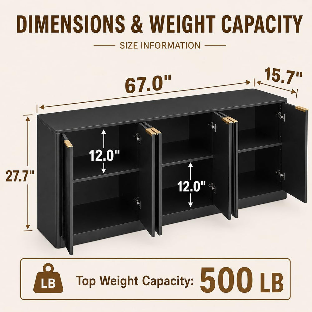 Fluted Sideboard Buffet Cabinet, 67" Credenza Storage Cabinet with 6 Doo...
