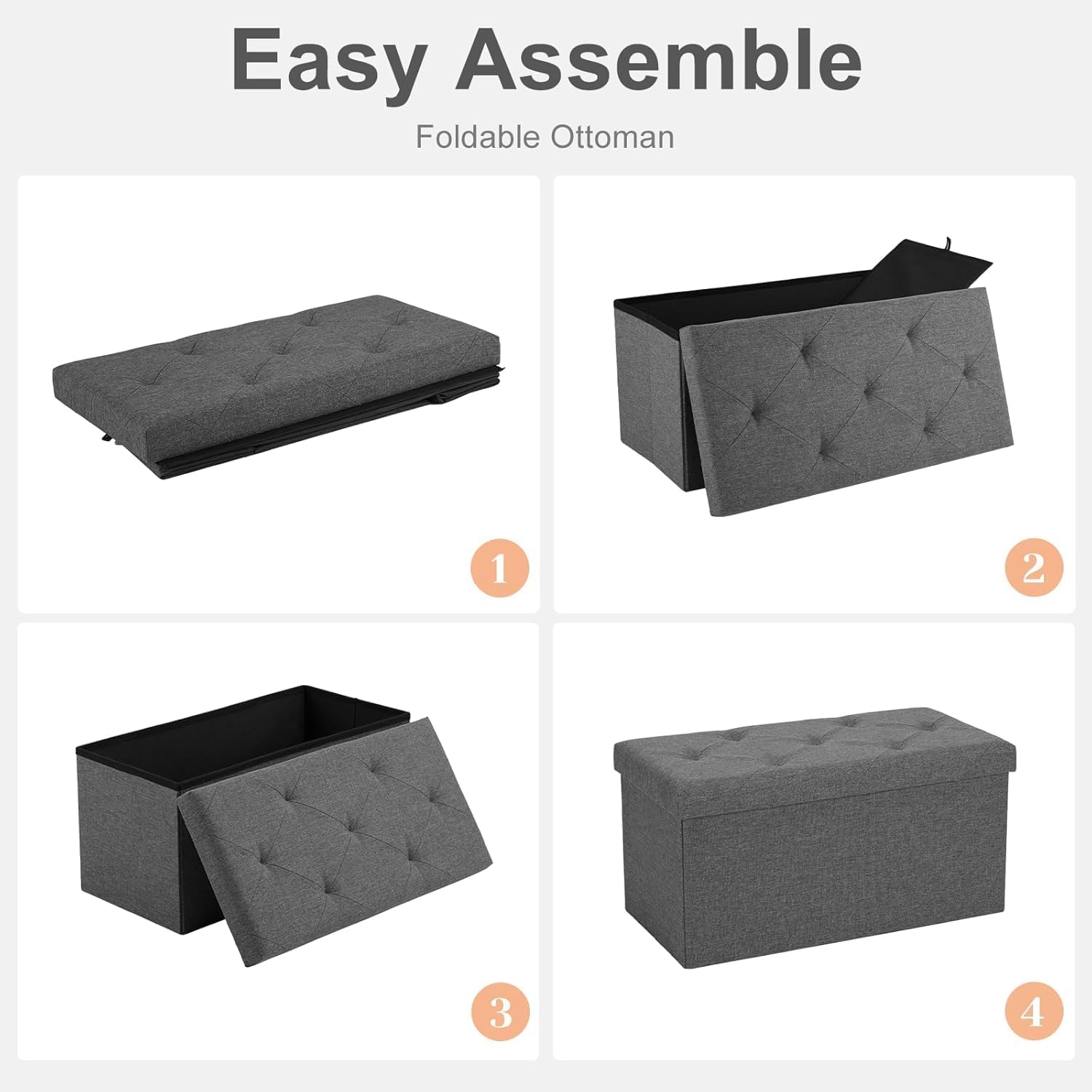 Sweetcrispy 30in Foldable Storage Ottoman Bench, End of Bed Foot Rest Stools Ottoman Storage Chest with Padded Seat for Bedroom, Living Room, Holds up to 660 lb, Modern Grey