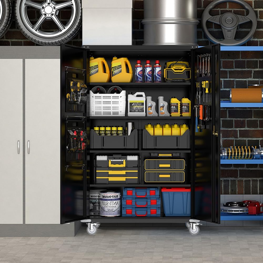 Yeeoy 72" Wide & Deep Metal Garage Storage Cabinet with Wheels, Blac...