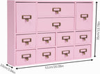 12-Drawer Wooden Storage Cabinet Organizer, Apothecary Cabinet Vintage Library Card Catalog Cabinets for Countertop Apothecary Tea Coffee Pod Storage (Pink)