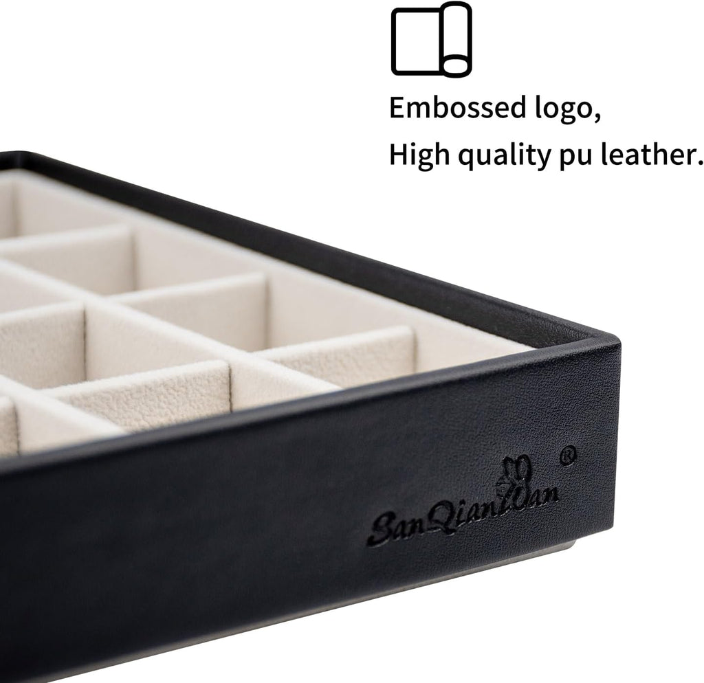 SANQIANWAN Leather Jewelry Organizer Trays Velvet Liner Storage Drawer Display Case Stackable Trays for Necklace,Rings and Earring (Black2)