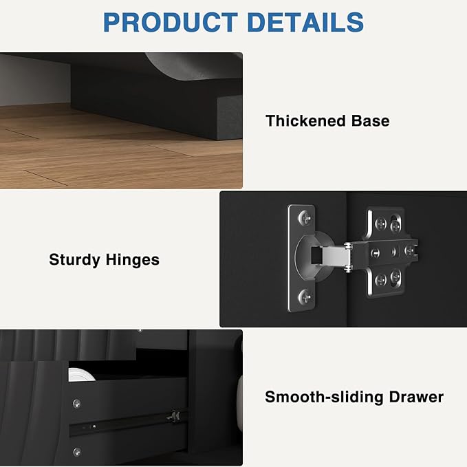 58'' Modern Spiral Wave TV Stand for 65 Inch TV, Media Console with Storage Cabinet & 2 Drawers, Rounded Corner Entertainment Center for Living Room Bedroom (Black)