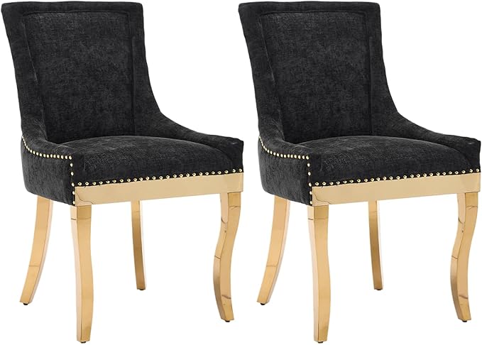 Upholstered Dining Chairs Set of 2, Modern Fabric Side Chairs with Gold Stainless Steel Legs, Accent Kitchen Chairs for Dining Room Table, Black