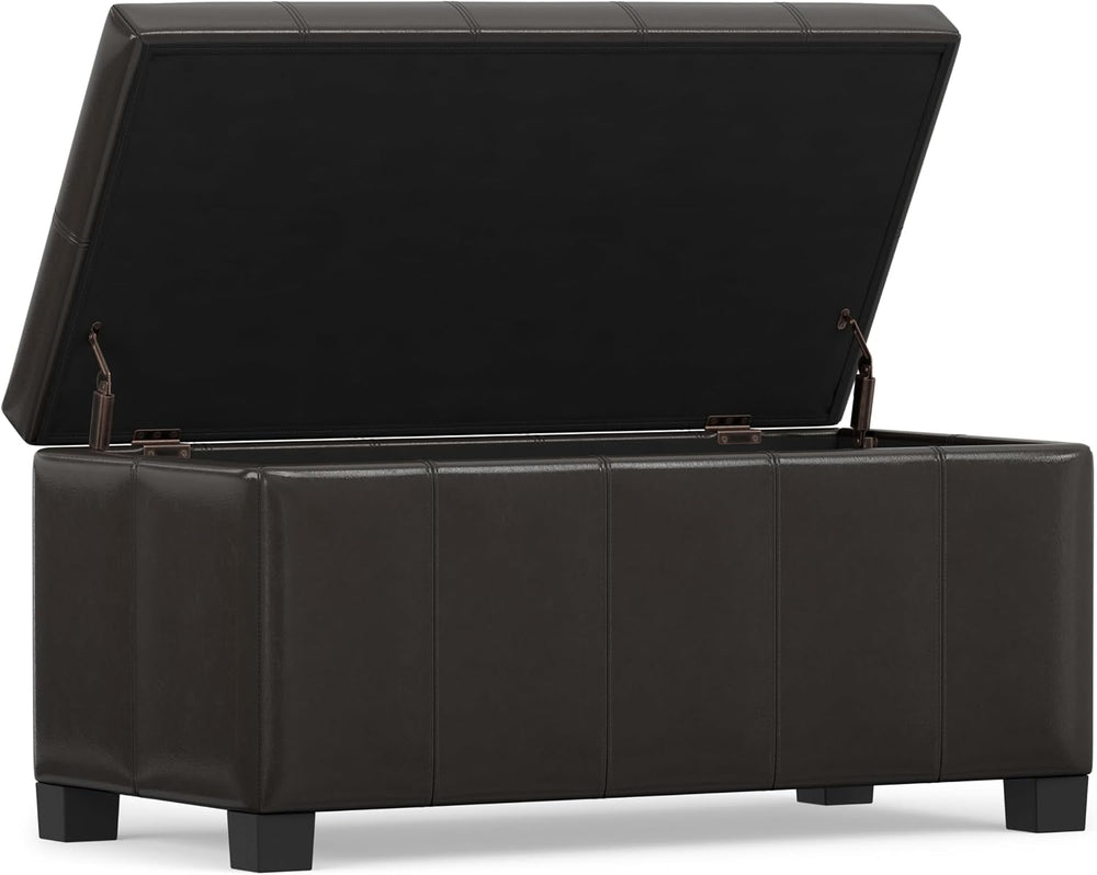 SIMPLIHOME Dover 36" Wide Vegan Leather Storage Ottoman in Tanners Brown...