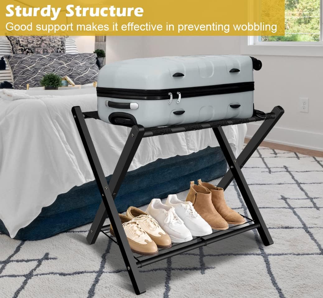 mocomax 1 Pack Folding Luggage Rack for Guest Room, Foldable Suitcase Stand Holder with Metal Storage Shelf for Bedroom, Living Room, Hotel Essentials, Heavy Duty Steel Frame, Black
