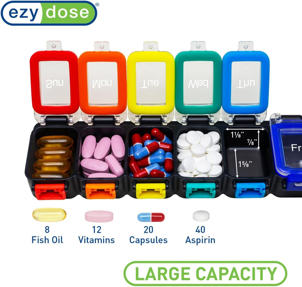 EZY DOSE Weekly (7-Day) Daily Pill Planner, Medicine Case, Vitamin Organizer Container, Waterproof Locking Compartments to Secure Prescription Medication and Prevent Accidental Spilling, Rainbow