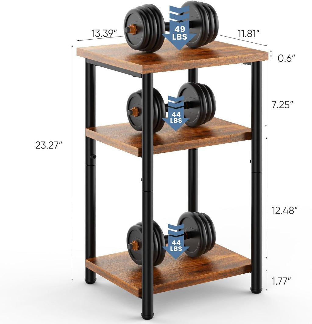OLIXIS 3-Tier Small Side Table for Small Spaces, Bedroom Nightstand | 23'' Tall Bedside Table with Open Shelf and Adjustable Feet for Living Room, Bedroom, Office, Dorm, Walnut Brown