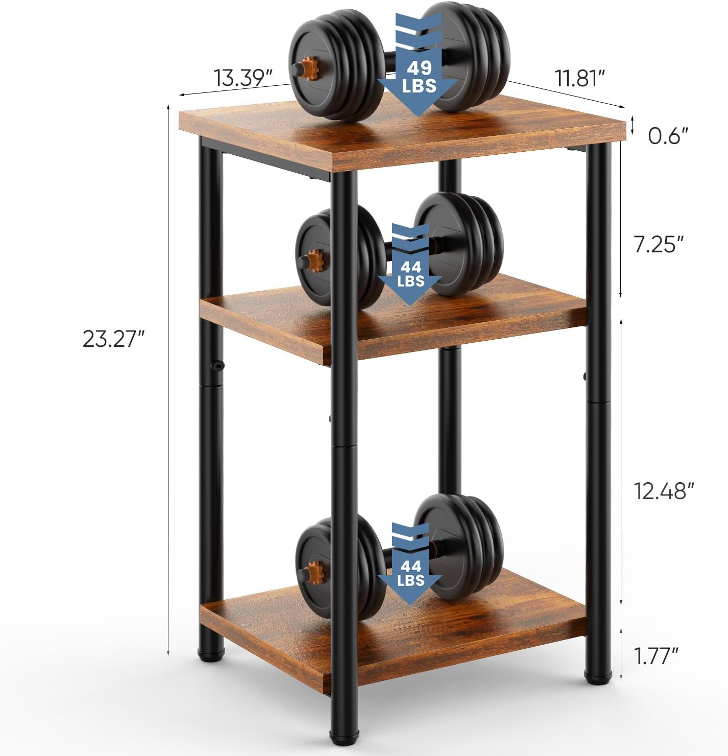 OLIXIS 3-Tier Small Side Table for Small Spaces, Bedroom Nightstand | 23'' Tall Bedside Table with Open Shelf and Adjustable Feet for Living Room, Bedroom, Office, Dorm, Walnut Brown