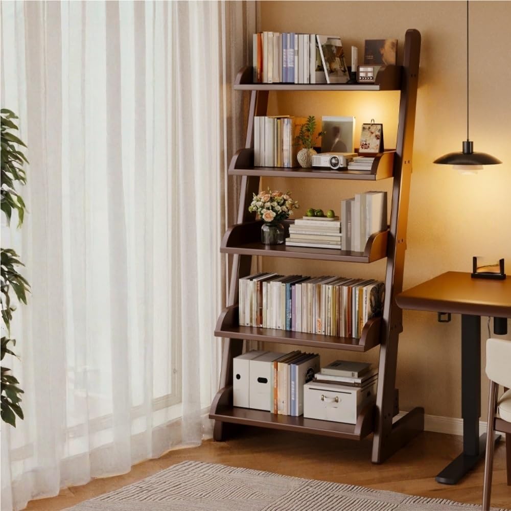 5-Tier Solid Wood Ladder Bookshelf with Modern L-Shaped Legs, Multifunctional Leaning Storage Shelf for Living Room, Bedroom & Home Office Organization