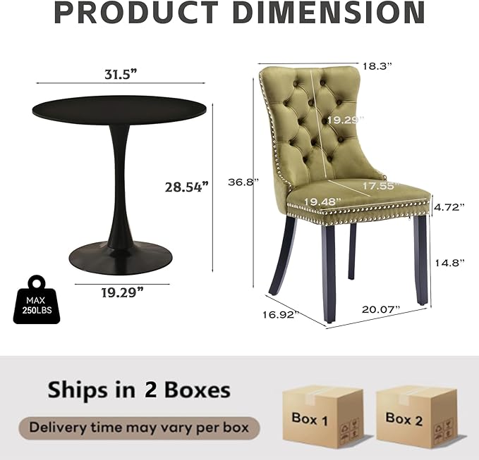 3-Pieces 31.5" Round Dining Table Set for 2, Black Dining Table & Velvet Upholstered Dining Chairs Set of 2 for Kitchen Dining Room Apartment Small Space(Olive Green Chairs)
