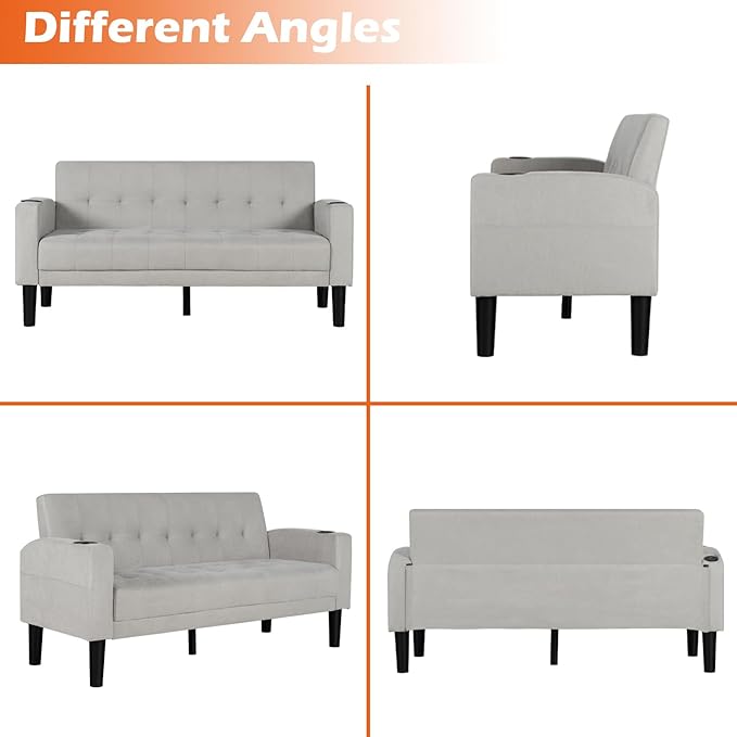 AILEEKISS 3 Piece Living Room Sofa Set Loveseat Sofas Sets with 2 USB,Cup Holders,Side Pocket, Modern Fabric 3 Pcs Sectional Couches Set for Apartment,Office,Bedroom (2-Seat+1-Seat+1-Seat, Light Grey)