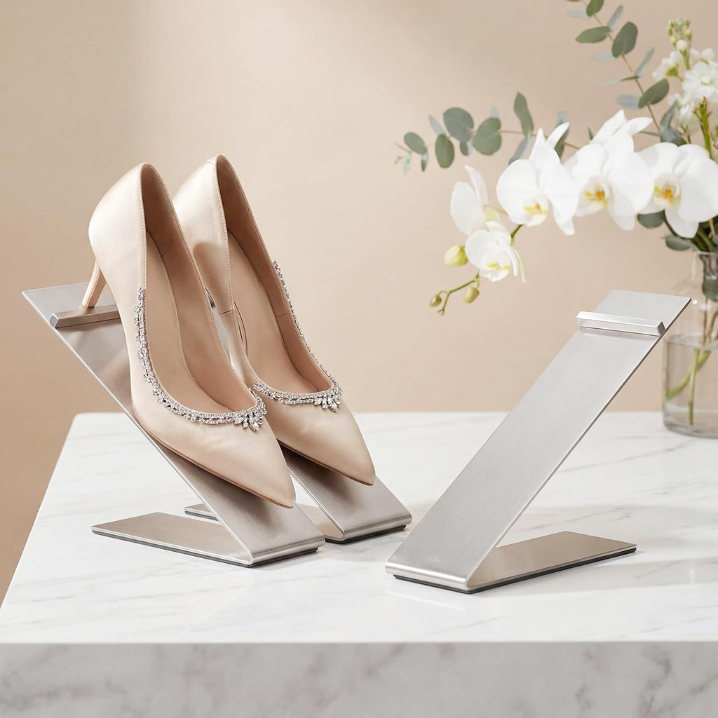 Therwen 4 Pcs Gold Shoe Display Stand Shoe Rack Stainless Steel Golden Metal Riser High Heel Display Rack Holder for Home Shopping Malls (Shape V,Silver)