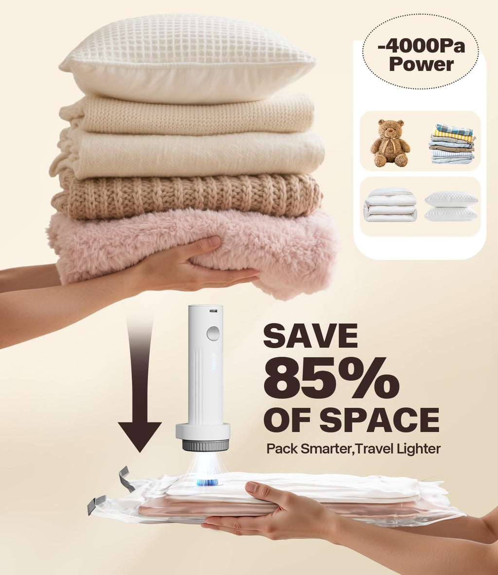 Vacuum Seal Bags with Rechargeable Pump - 15 Pack Clothes Storage for Small Space Family Seasonal Organizers - Home Travel Trip Use with 5 Large 5 Medium 5 Small