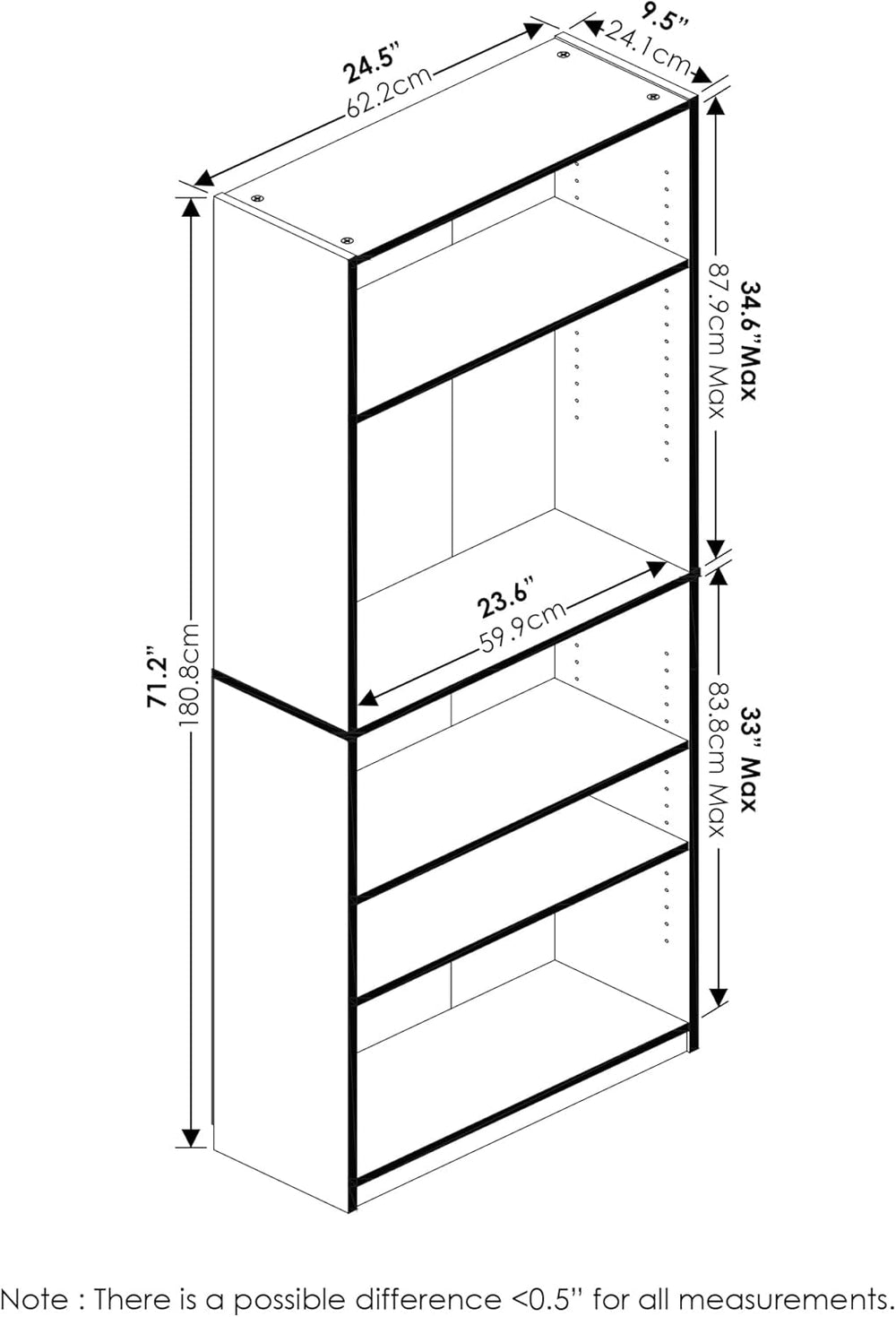 Furinno Jaya Book Shelf, 5-Tier Bookshelf, Tall Standing Bookcase with Adjust...