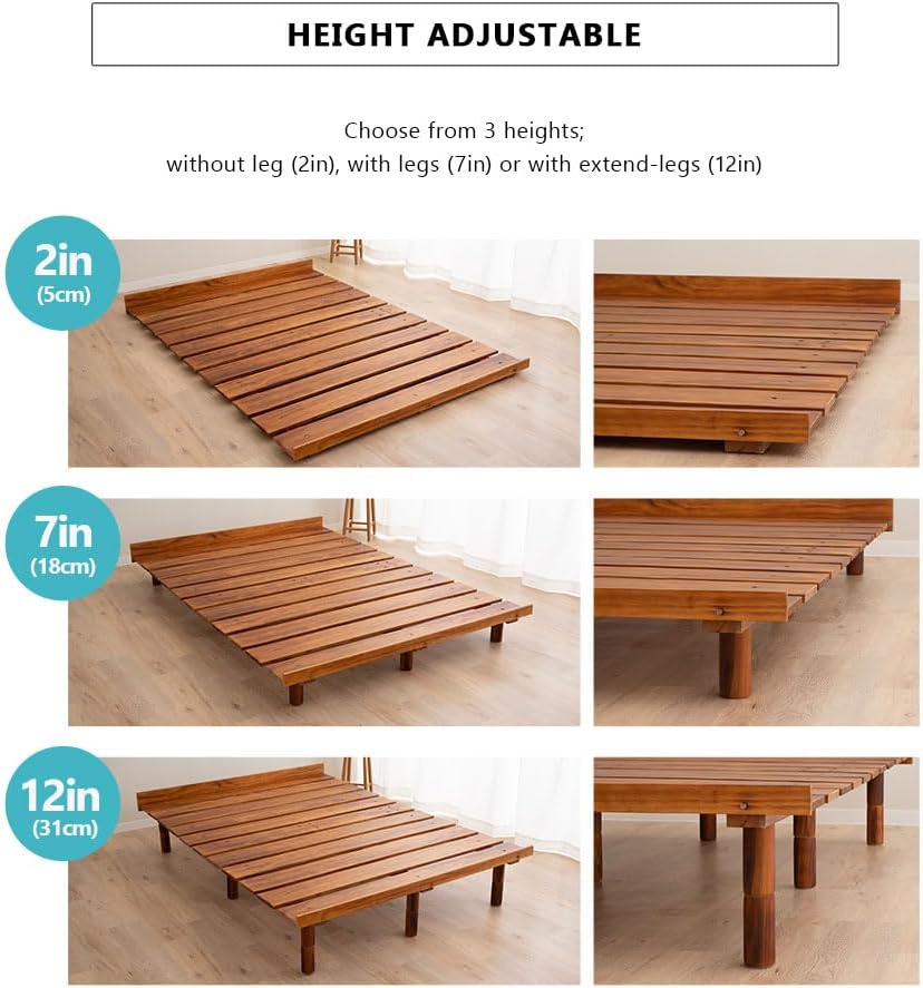 EMOOR Wood Slatted Floor Bed Frame OSMOS Full for Japanese Futon Mattress Solid Pine (Retro-Brown), Height Adjustable (2/7/12in) Tatami Mat
